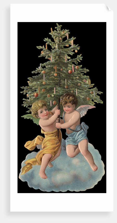 Die-Cut Scrap with Cherubs Holding Christmas Tree by Anonymous