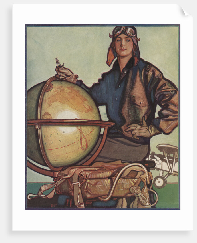 Illustration of Female Aviator and Globe by Anonymous