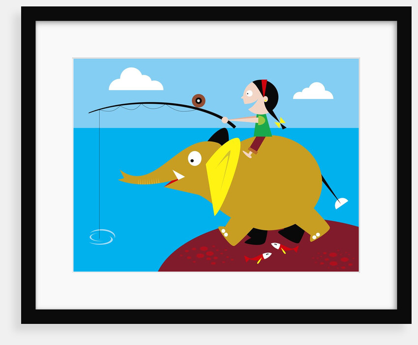 Girl fishing from friendly elephant's back by Anonymous