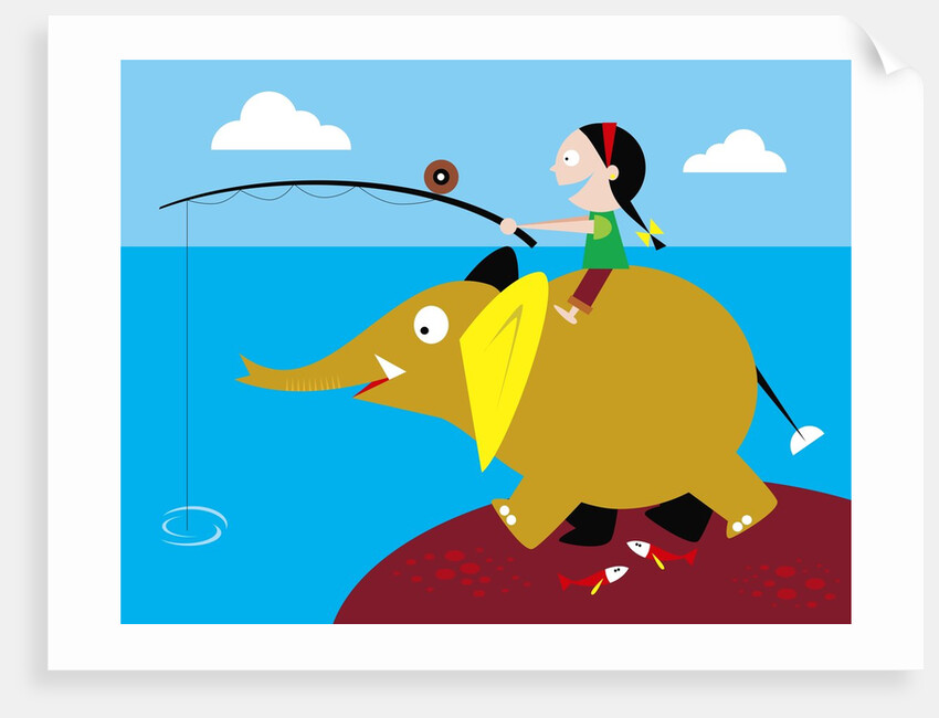 Girl fishing from friendly elephant's back by Anonymous