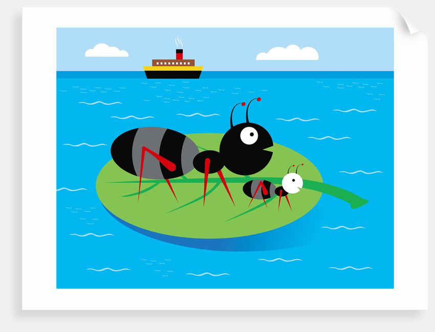 Two ants floating on a leaf in the ocean by Anonymous