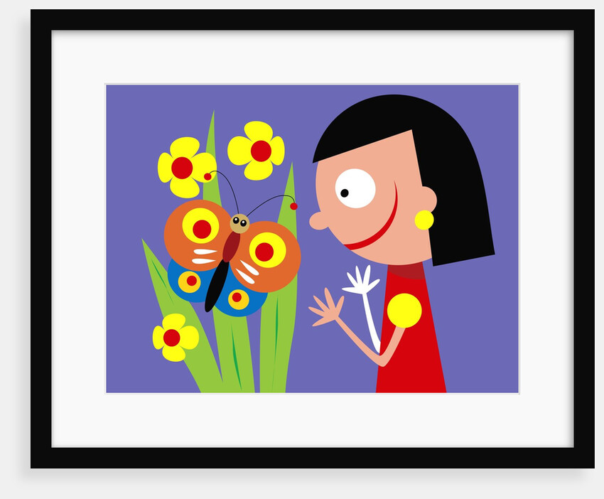 Girl with butterfly and flowers by Anonymous