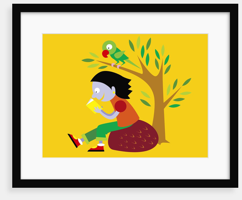 Girl and bird reading a book by Anonymous