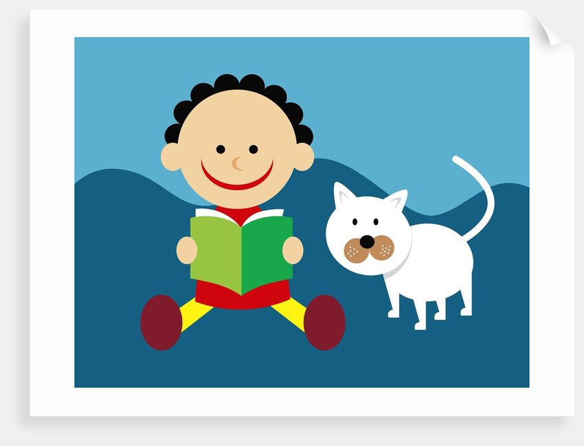 Boy and cat reading a book by Anonymous