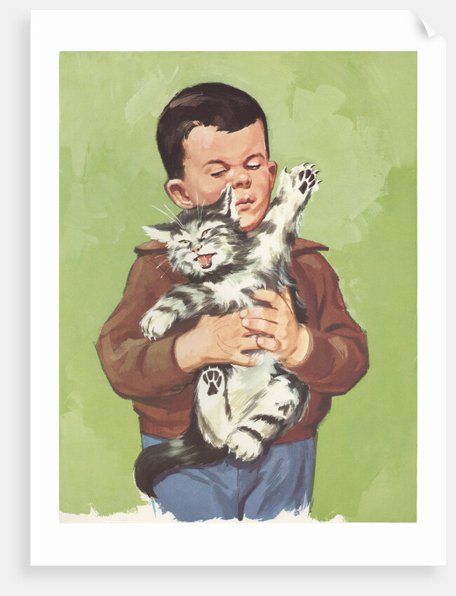 Illustration of Boy Holding Unhappy Cat by Anonymous