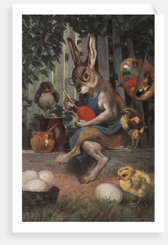 Postcard of Easter Rabbit Decorating Eggs by Anonymous