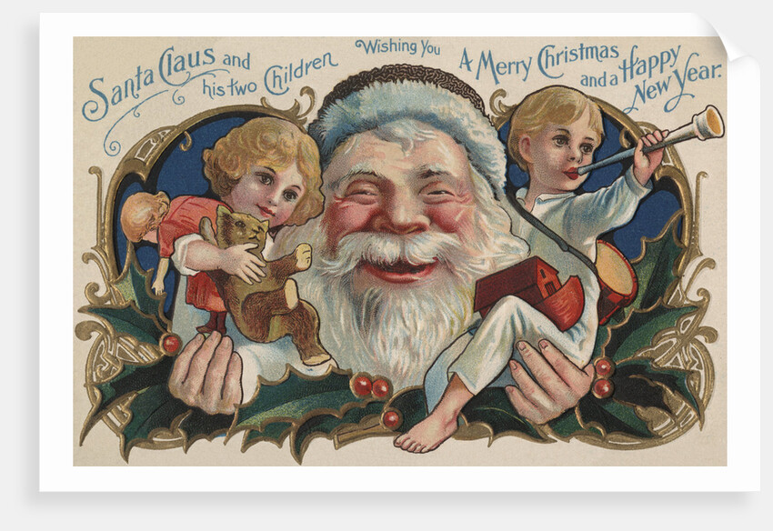 Santa Claus and His Two Children Wishing You a Merry Christmas and a Happy New Year Postcard by Anonymous