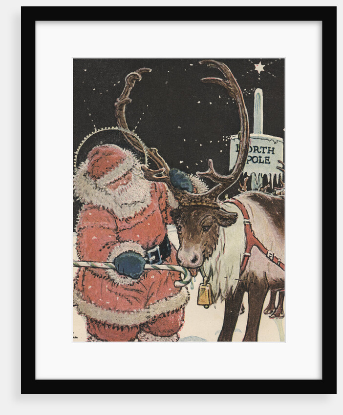 Illustration of Santa Feeding Reindeer Candy Cane by John Rae