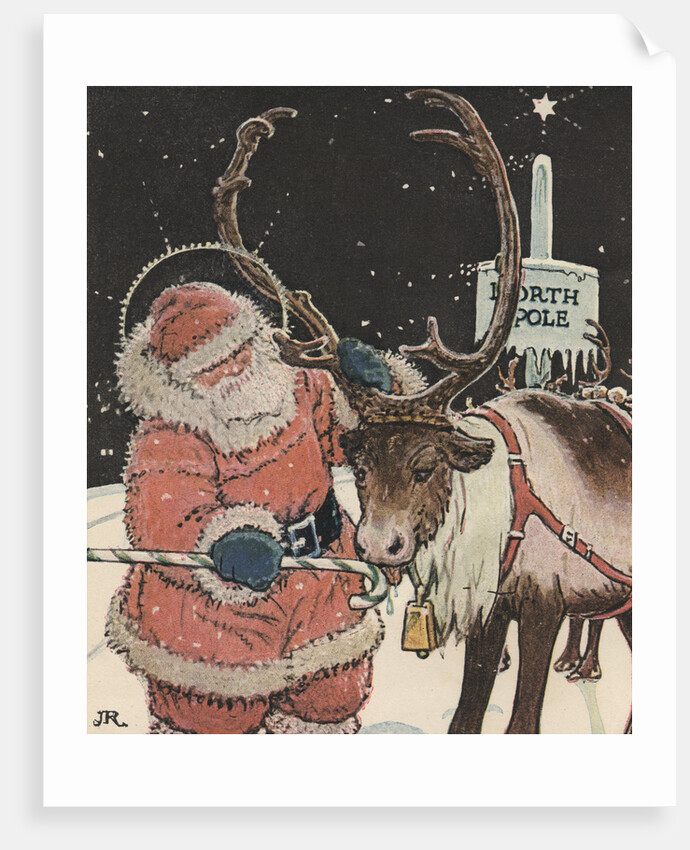 Illustration of Santa Feeding Reindeer Candy Cane by John Rae