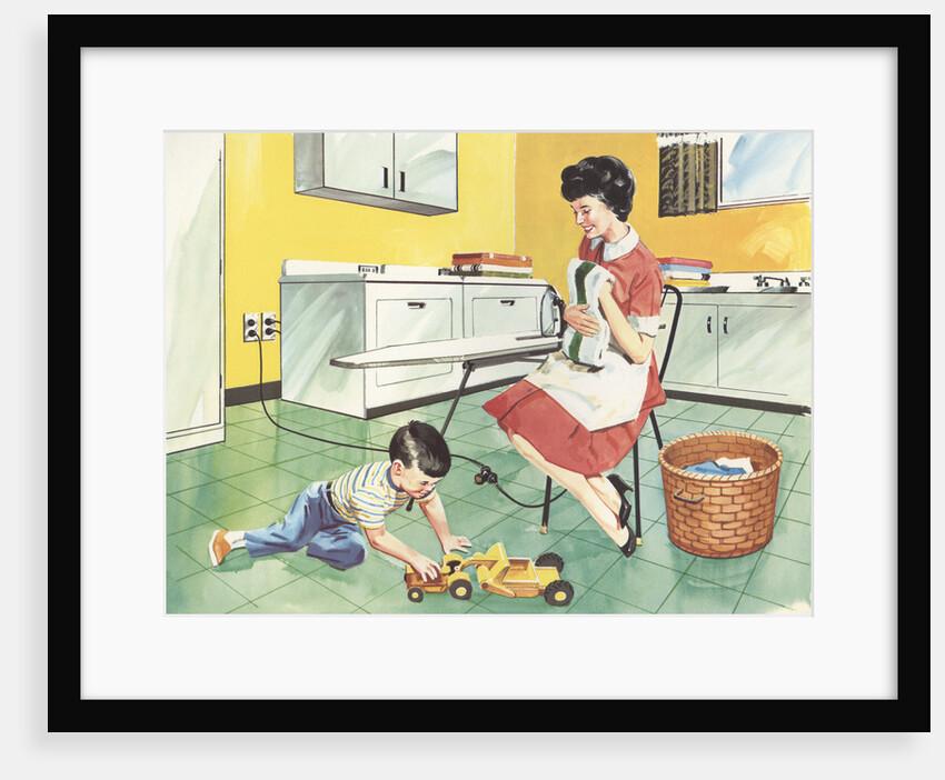 Illustration of Mother and Son Playing in Laundry Room by Anonymous