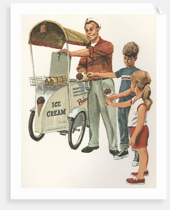 Illustration of Ice Cream Man with Two Children by Anonymous