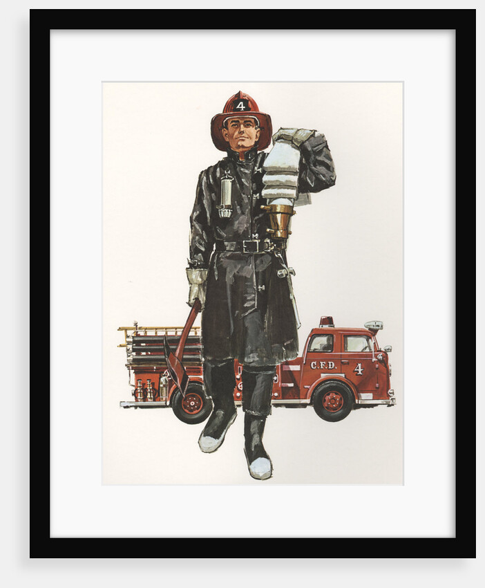 Illustration of Fireman Carrying Hose by Anonymous