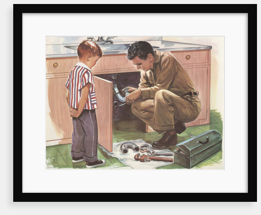 Illustration of Boy Watching Man Fix Plumbing by Anonymous