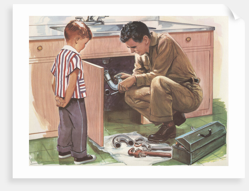 Illustration of Boy Watching Man Fix Plumbing by Anonymous