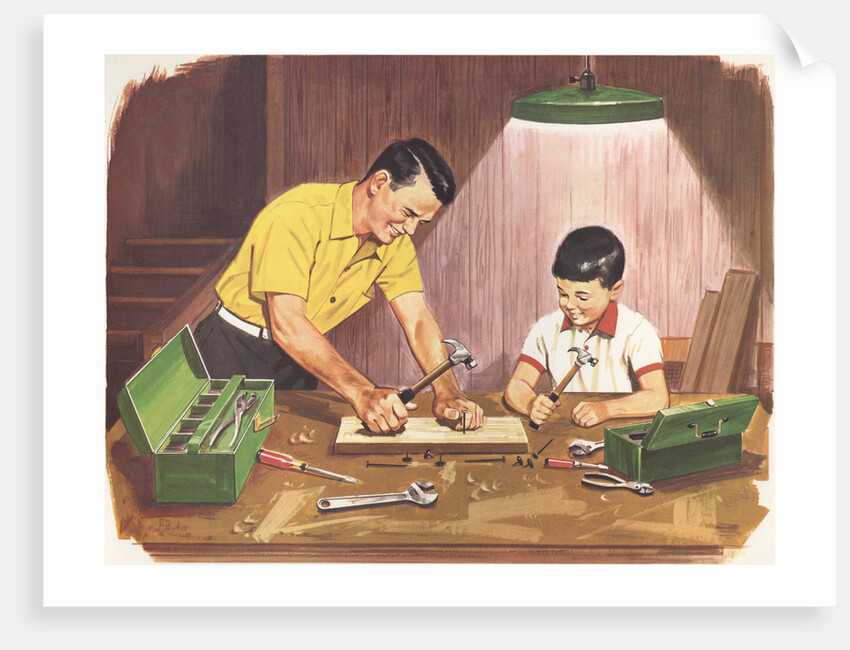 Illustration of Father Teaching Son to Handle Tools by Anonymous