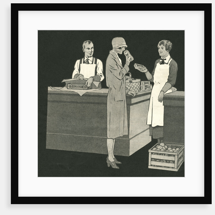 Illustration of Woman with Two Grocery Store Clerks by Anonymous