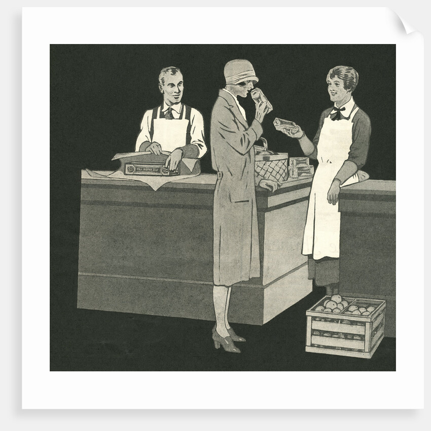 Illustration of Woman with Two Grocery Store Clerks by Anonymous