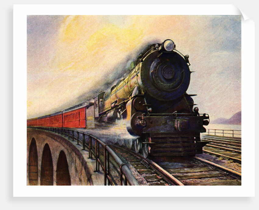 Illustration of Steam Engine Speeding over Bridge by Anonymous
