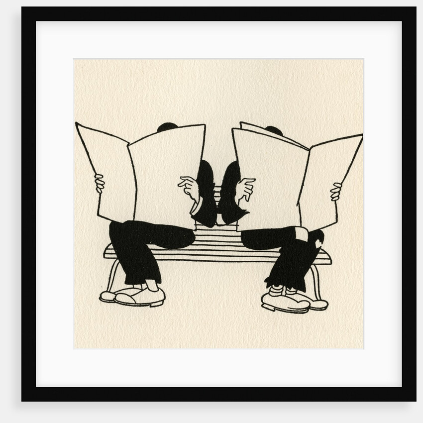 Illustration of Two Men Reading Newspapers on Park Bench by Boris Artzybasheff