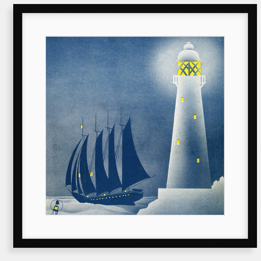 Illustration of Schooner Sailing near Lighthouse by Anonymous