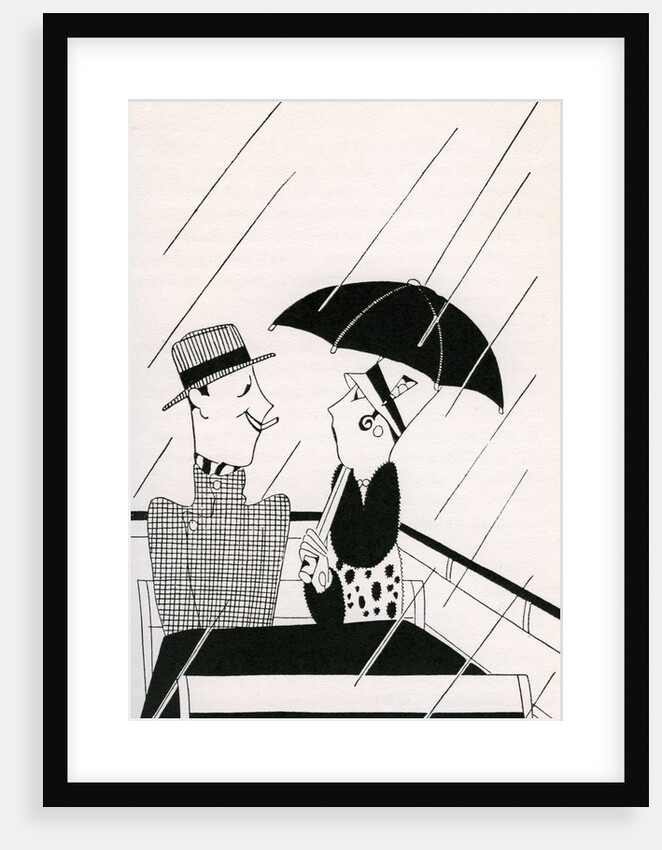 Illustration of Couple on Rainy Roof of Double-Decker Bus by Anne Harriet Fish