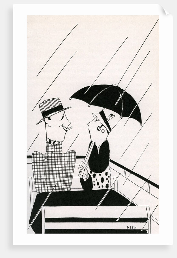 Illustration of Couple on Rainy Roof of Double-Decker Bus by Anne Harriet Fish