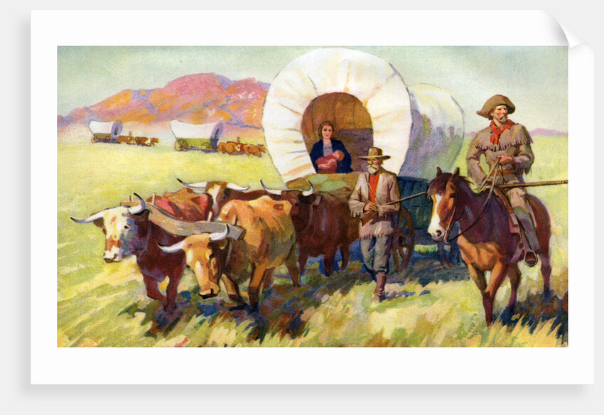 Illustration of Wagon Train of American Settlers Moving Across Western Plains by Anonymous