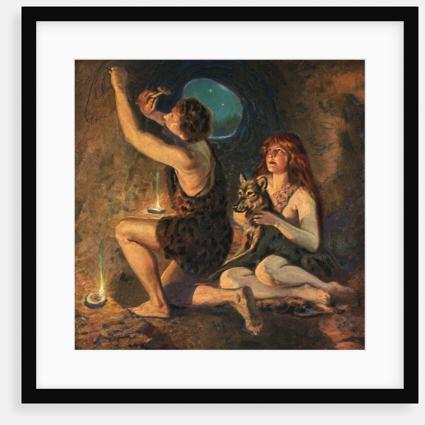 Illustration of Caveman Chiselling in Cave Wall by Walter Haskell Hinton