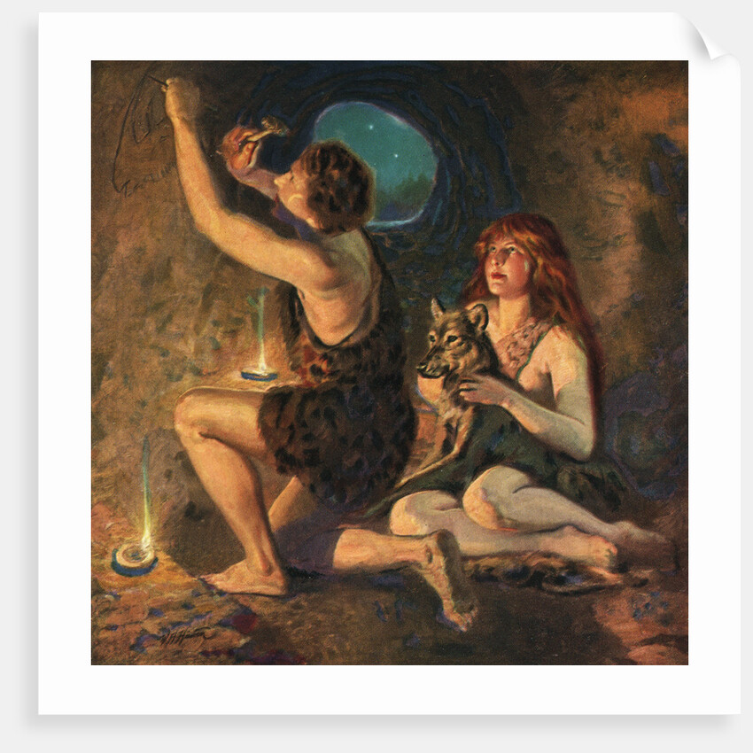 Illustration of Caveman Chiselling in Cave Wall by Walter Haskell Hinton