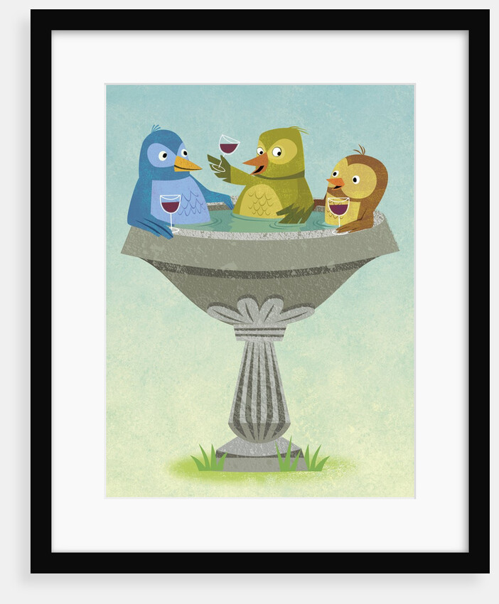 Birds Relaxing and Sipping Wine in Birdbath by Anonymous