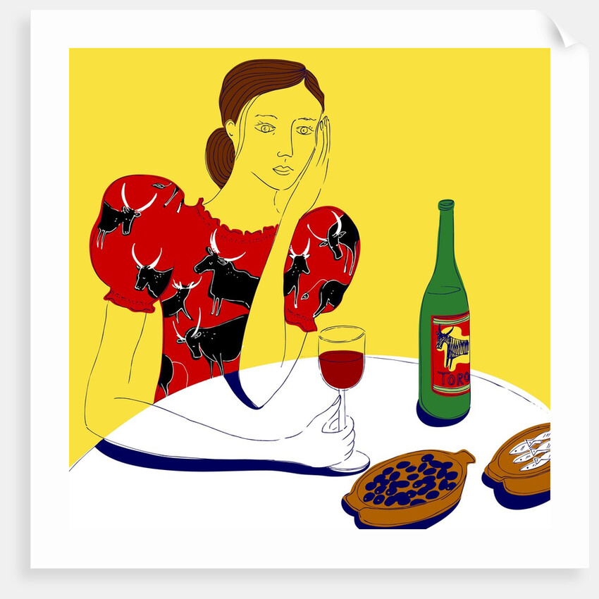Woman Sitting at a Table with a Bottle of Wine by Anonymous