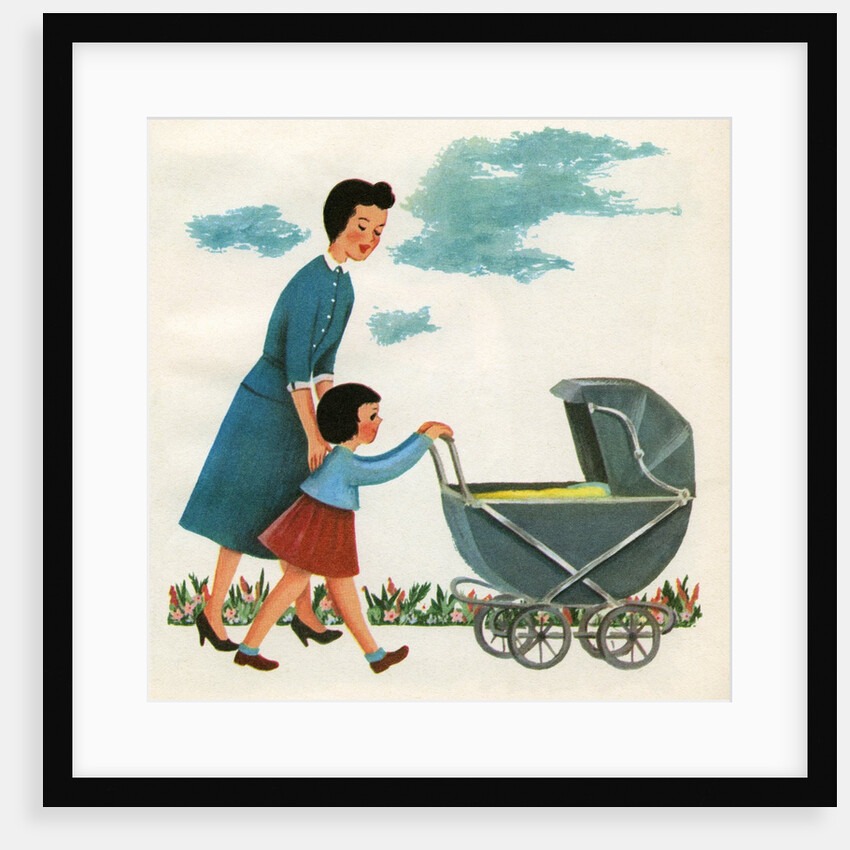 Illustration of girl pushing baby carriage by Anonymous