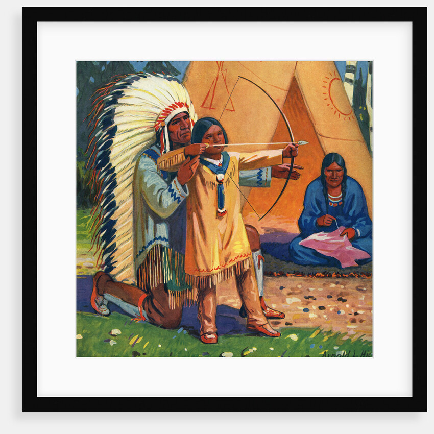 Illustration of Native American man teaching son to use bow and arrow by Arnold Lorne Hicks