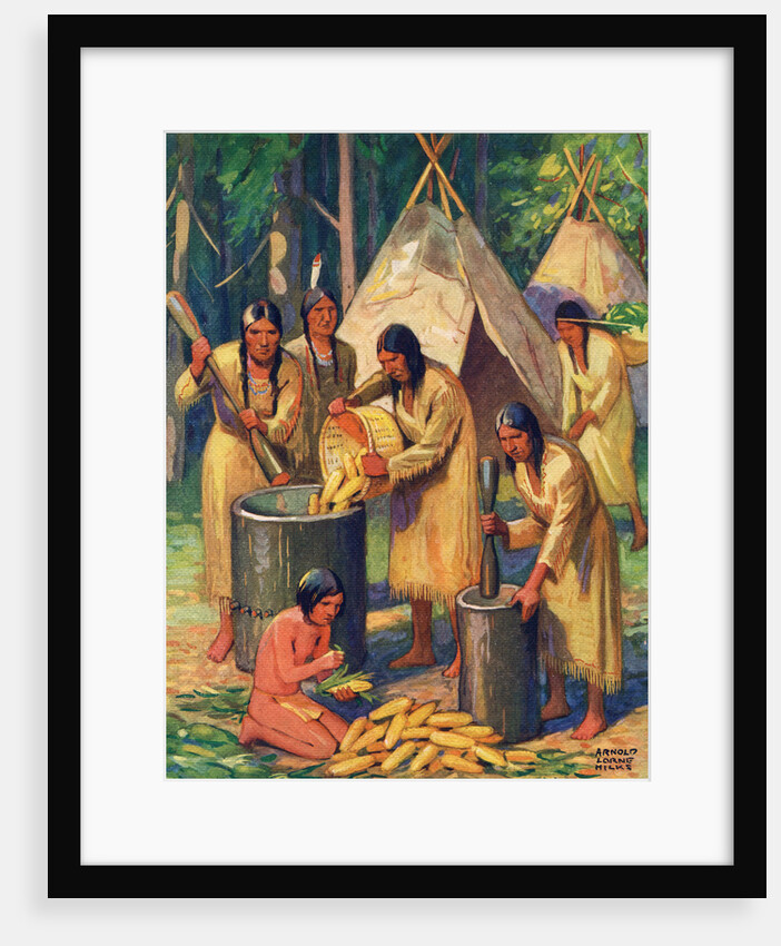 Illustration of Native Americans preparing corn by Arnold Lorne Hicks
