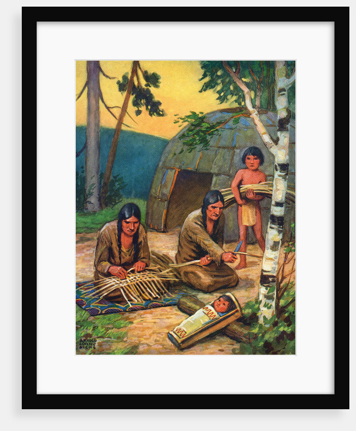 Illustration of Native Americans weaving reeds by Arnold Lorne Hicks