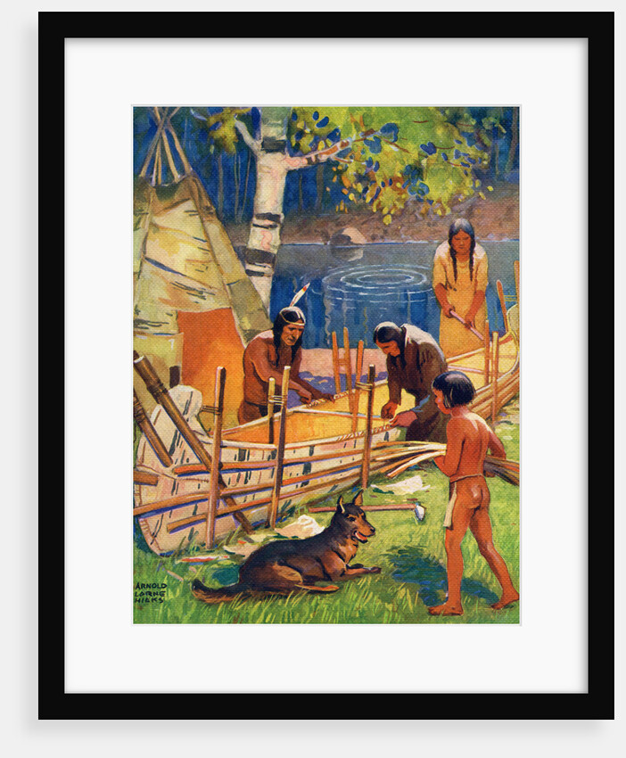 Illustration of Native Americans making canoe by Arnold Lorne Hicks