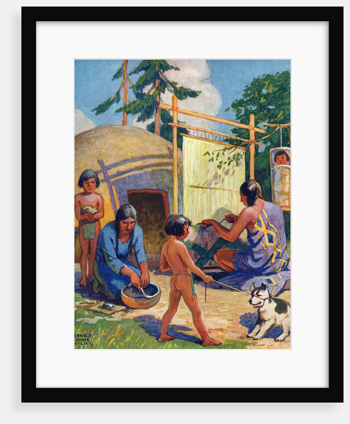 Illustration of Native Americans weaving and making pottery by Arnold Lorne Hicks
