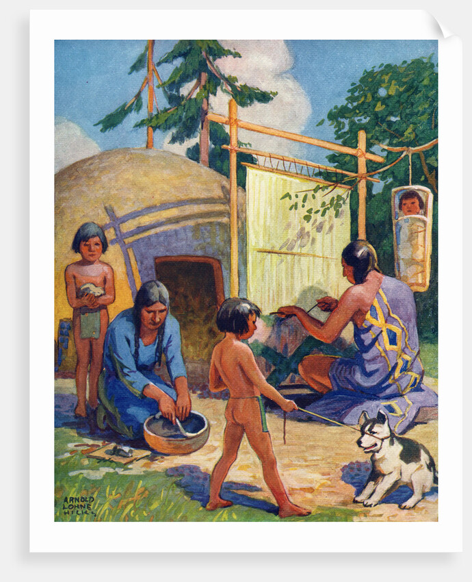 Illustration of Native Americans weaving and making pottery by Arnold Lorne Hicks