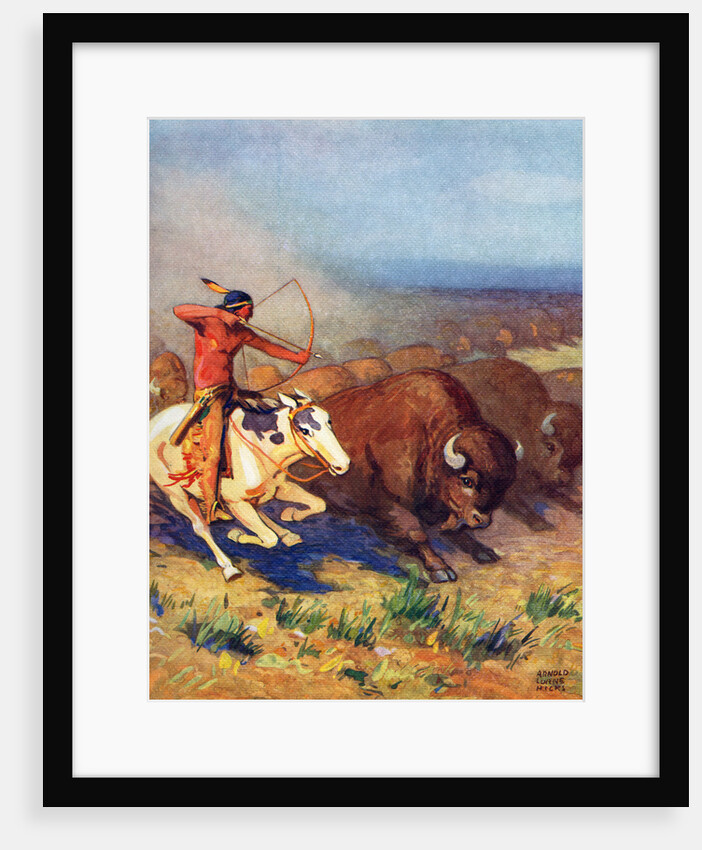 Illustration of Native American man hunting buffalo by Arnold Lorne Hicks