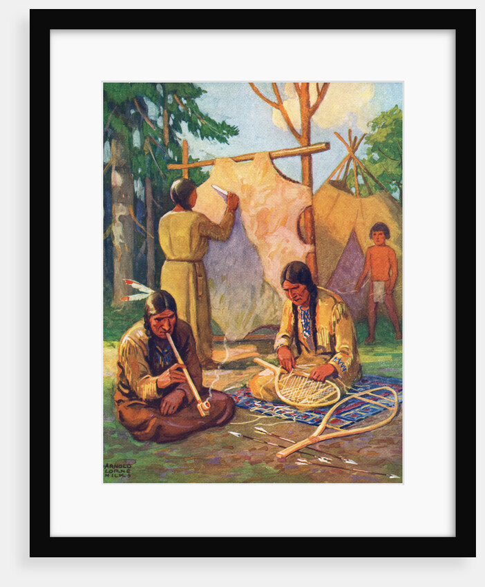 Illustration of daily life in Native American village by Arnold Lorne Hicks