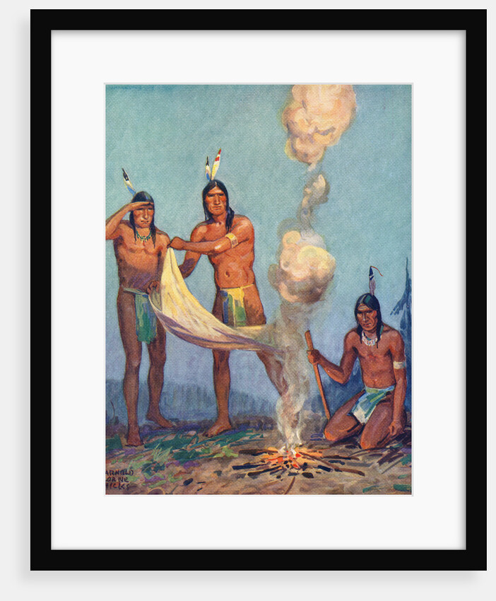 Illustration of Native Americans sending smoke signals by Arnold Lorne Hicks