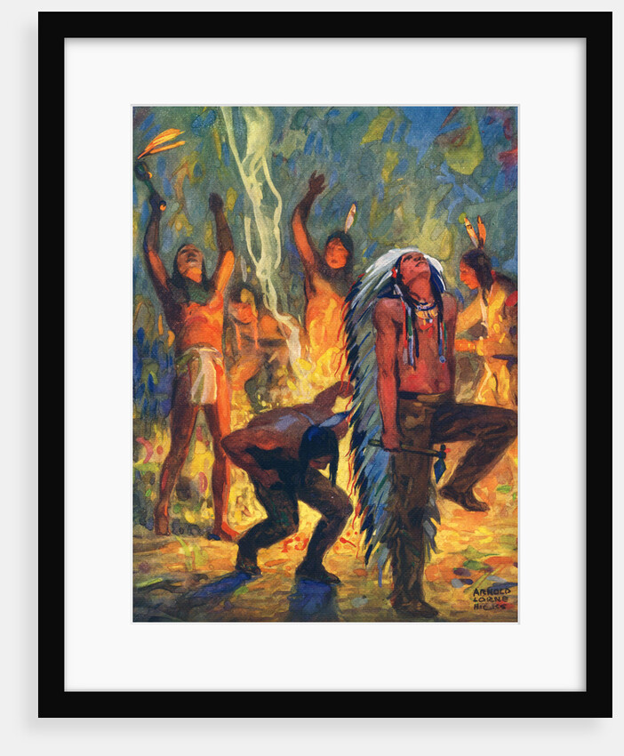 Illustration of Native Americans performing war dance by Arnold Lorne Hicks