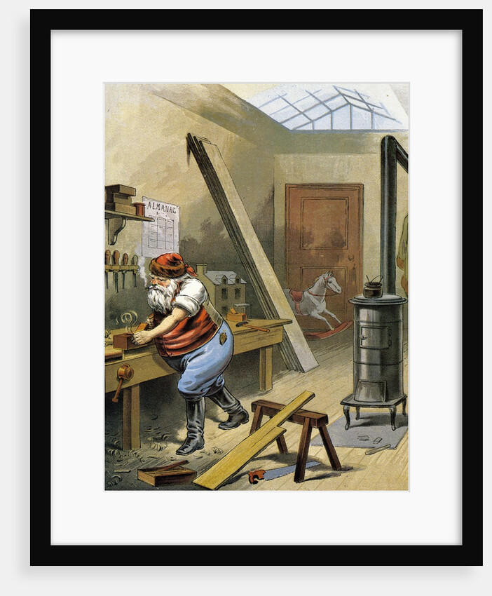 Illustration of Santa Claus making toys at his North Pole workshop by William Roger Snow