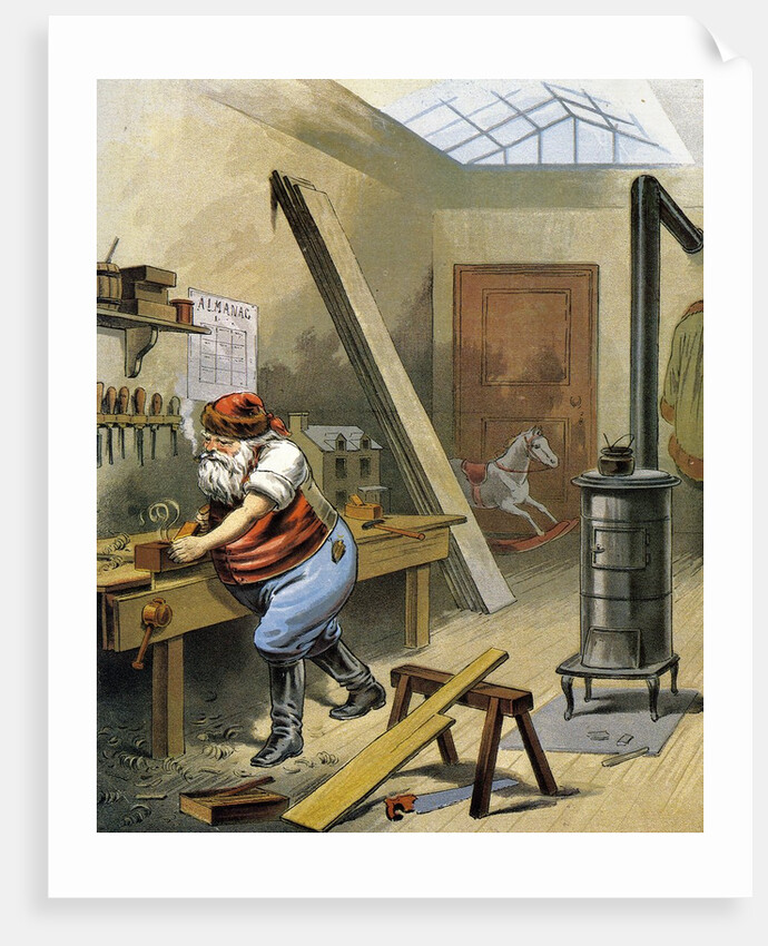 Illustration of Santa Claus making toys at his North Pole workshop by William Roger Snow