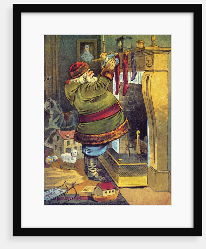 Illustration of Santa Claus placing toys in Christmas stockings by William Roger Snow