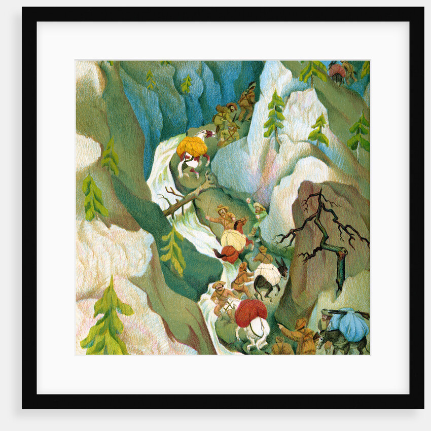 Illustration of Yankee trappers traveling through the Sierra Nevadas by C.H. DeWitt