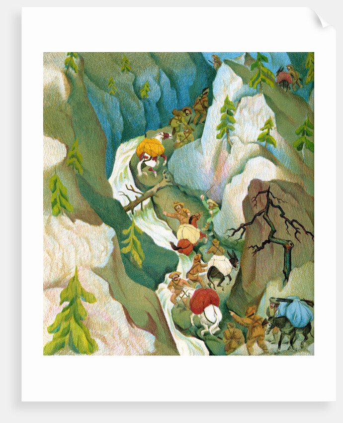 Illustration of Yankee trappers traveling through the Sierra Nevadas by C.H. DeWitt