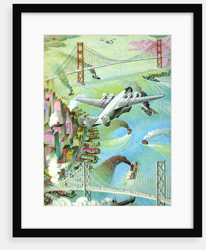 Illustration of airplane flying over San Francisco Bay by C.H. DeWitt