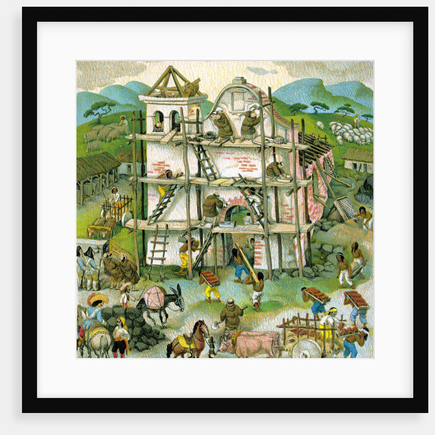 Illustration of building of first Spanish mission in California by C.H. DeWitt