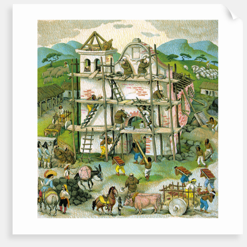 Illustration of building of first Spanish mission in California by C.H. DeWitt